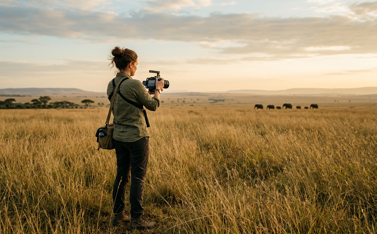 Documentairemaker in het veld bij zonsopkomst